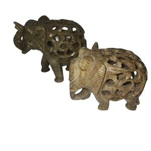 Set of 2 Hand Carved Soapstone Elephants Intricate Lattice Design Vintage